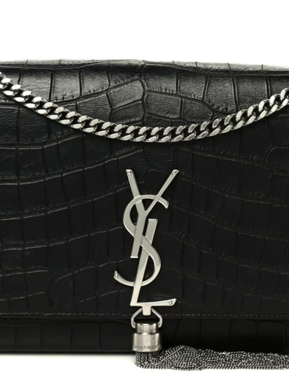 Saint Laurent Black Croc-Embossed YSL Chain Tassel Wallet